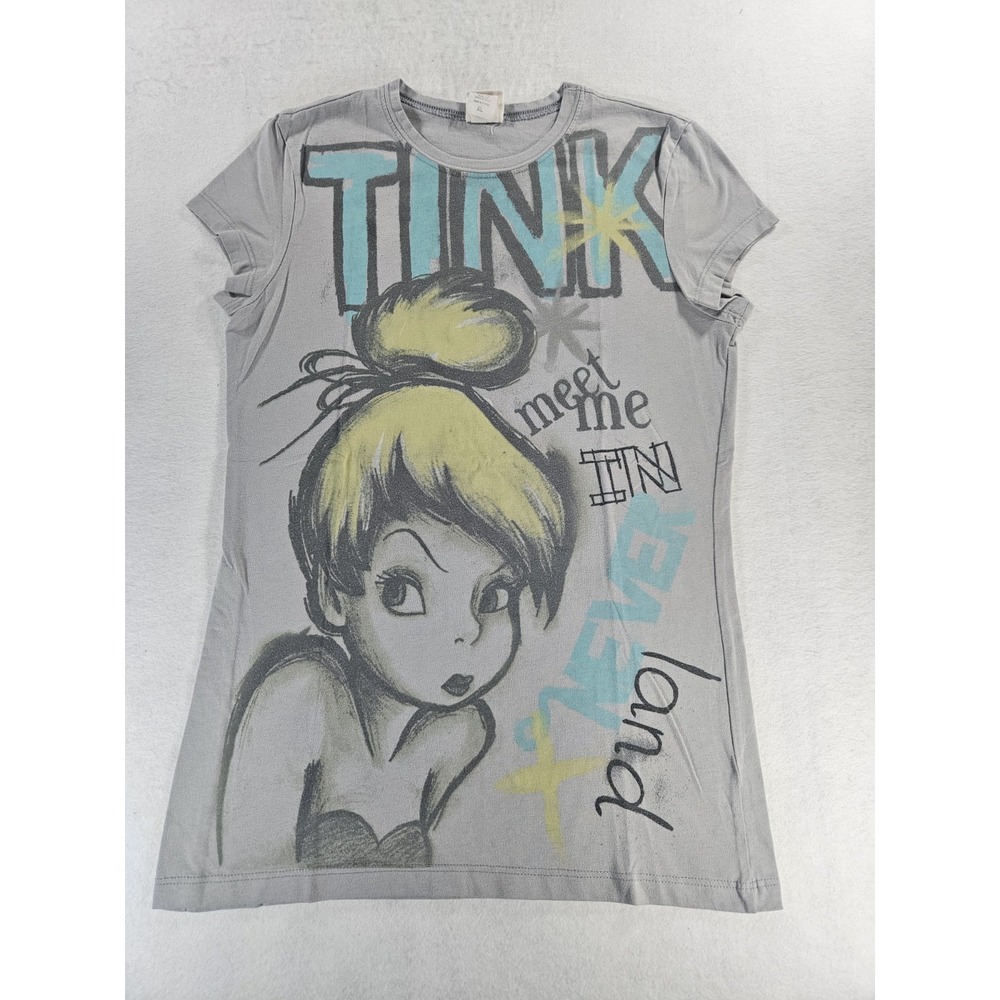 Disney Tinker Bell Meet Me In Never Land Gray Graphic T-Shirt Tee Size XL Tink